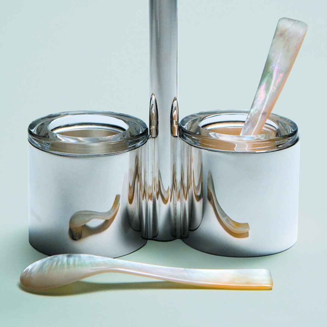 Shown with additional Bohemian crystal barrel inserts and mother-of-pearl spoons