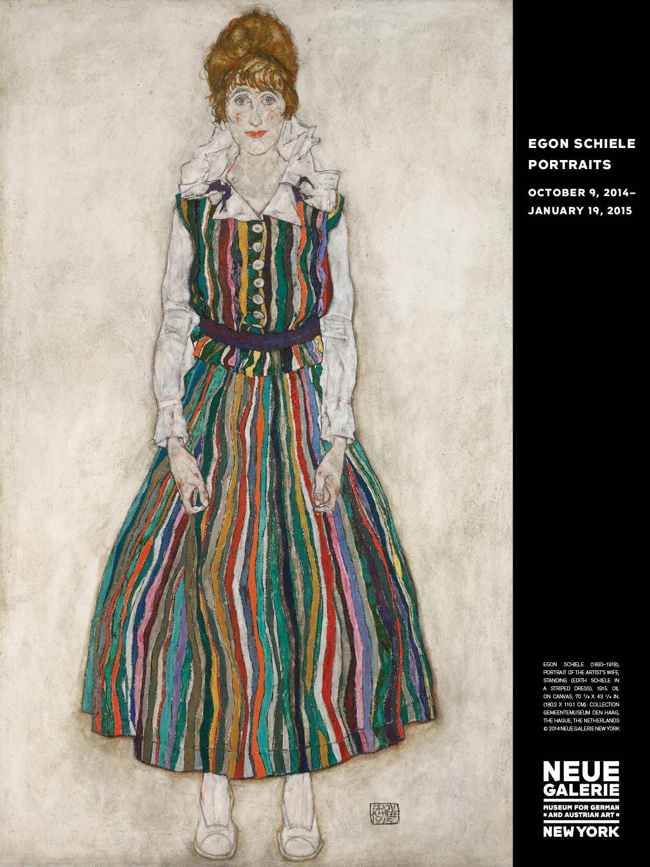 Exhibition poster: Egon Schiele, "Portrait of the Artist's Wife Standing (Edith Schiele in Striped Dress)", 1915