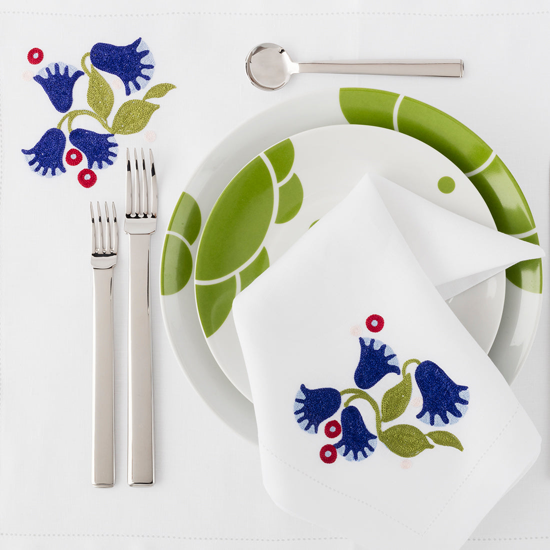 Embroidered Table Linens, Bellflower Blue