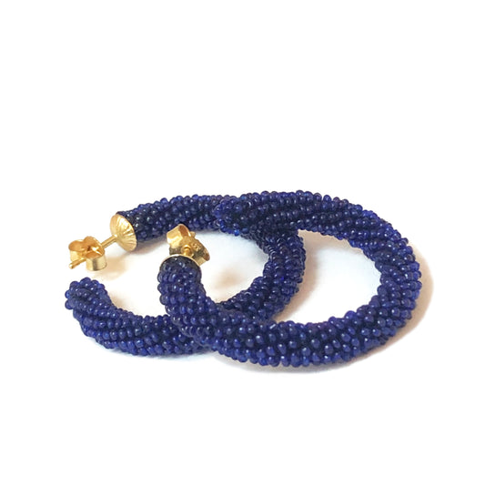 Bohemian Glass Bead Hoop Earrings - cobalt