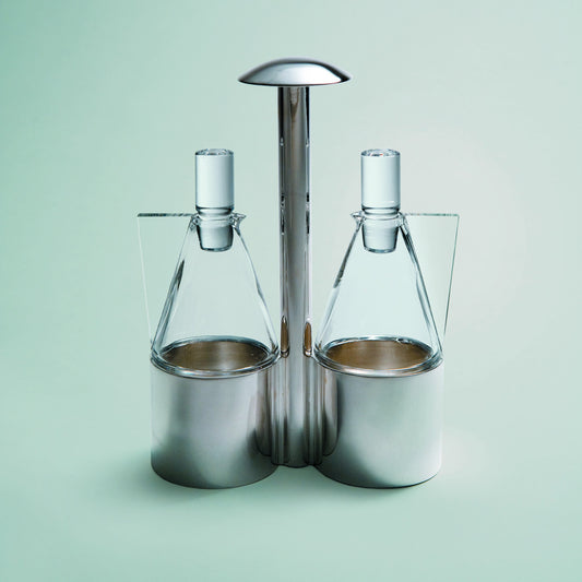 Sterling silver cruet stand with pair of Bohemian crystal carafes