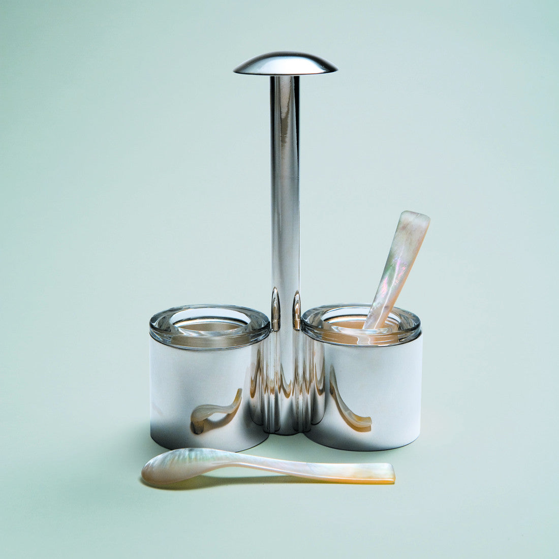 Cruet stand shown with additional Bohemian crystal barrel inserts and mother-of-pearl spoons
