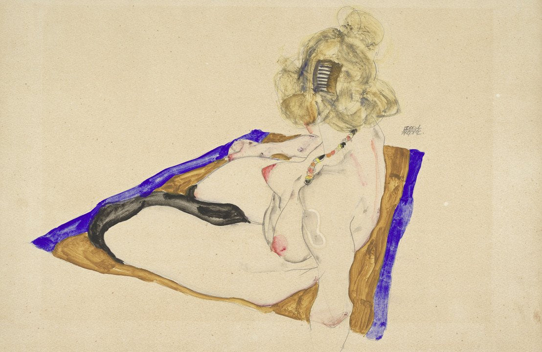 "Blonde Nude Model, Sitting on Brownish-Blue Cloth", 1912.