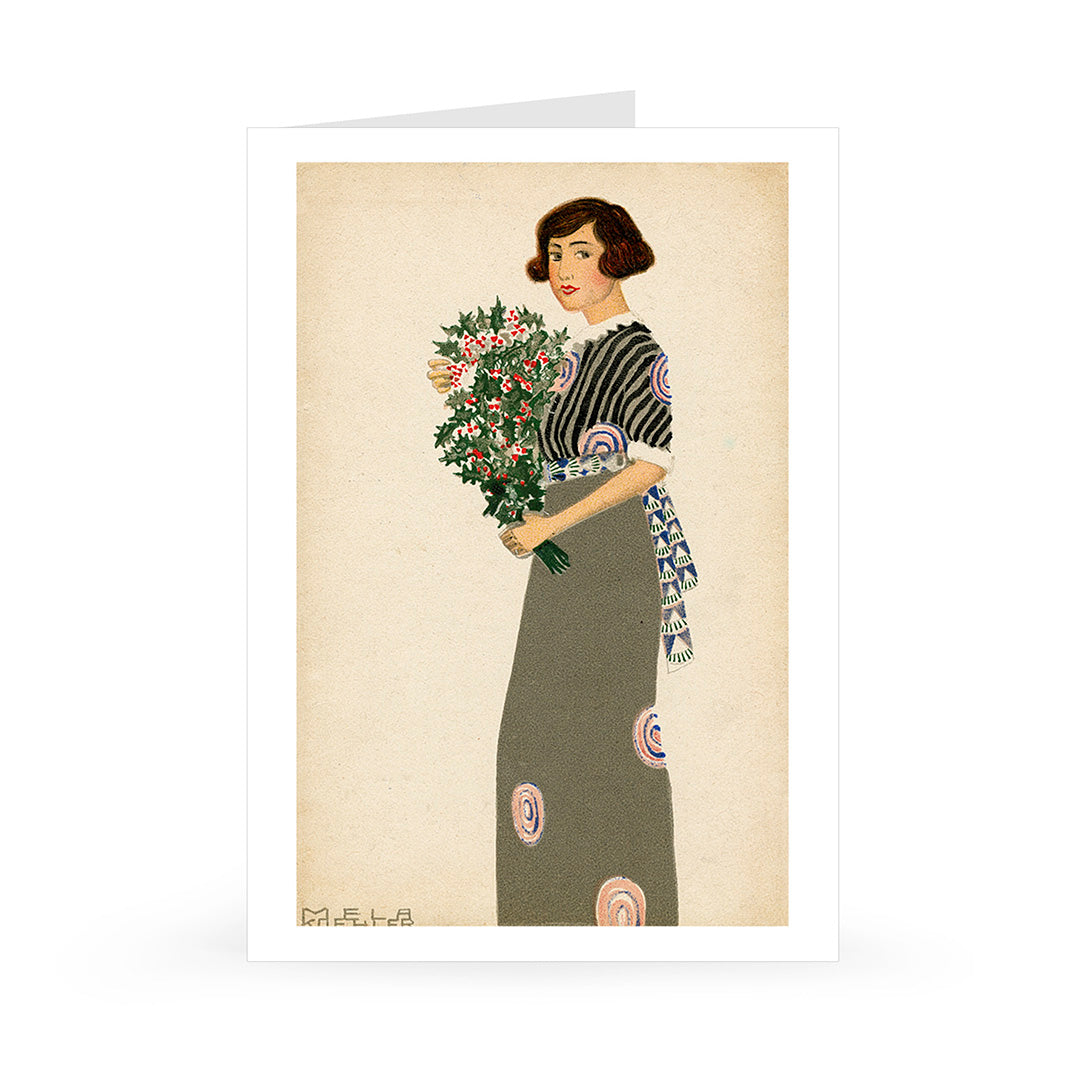 Mela Koehler: Holiday Card, Grey Dress & Bouquet, 1912 [Single Card]