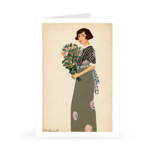 Mela Koehler: Holiday Card, Grey Dress & Bouquet, 1912 [Single Card]
